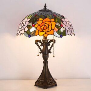 Tiffany Style Table Lamp 24" H Antique Stained Glass Purple Orange Rose Flower